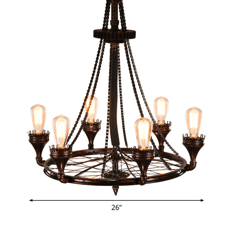 Rust Wheel Chandelier Pendant Light Industrial 6-Bulb Lamp - Rebooters