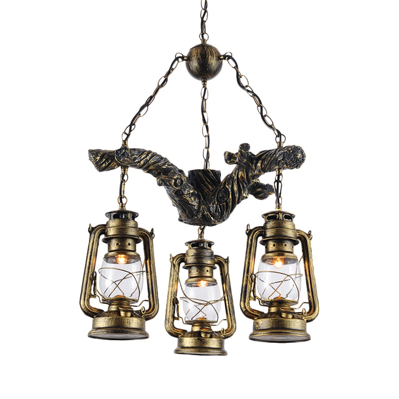 3 Lights Clear Glass Chandelier Light Coastal Brass Lantern - Rebooters