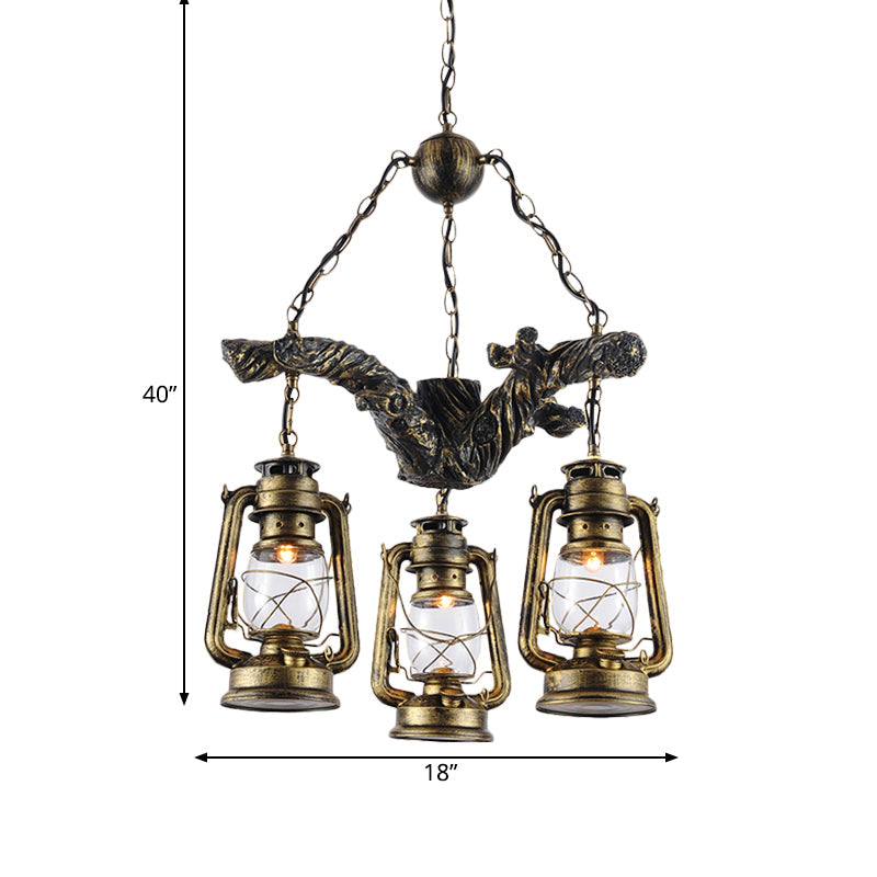 3 Lights Clear Glass Chandelier Light Coastal Brass Lantern - Rebooters