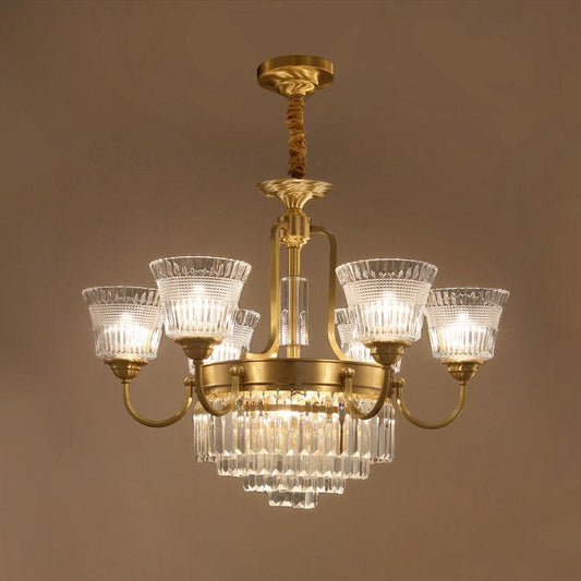 Bell Clear Glass Crystal Pendant Lamp Traditional 6/8-Head Chandelier Lighting in Brass - Rebooters