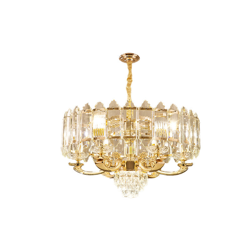 10 Lights Crystal Pendant Light Fixture Modernism Gold Drum Chandelier - Rebooters