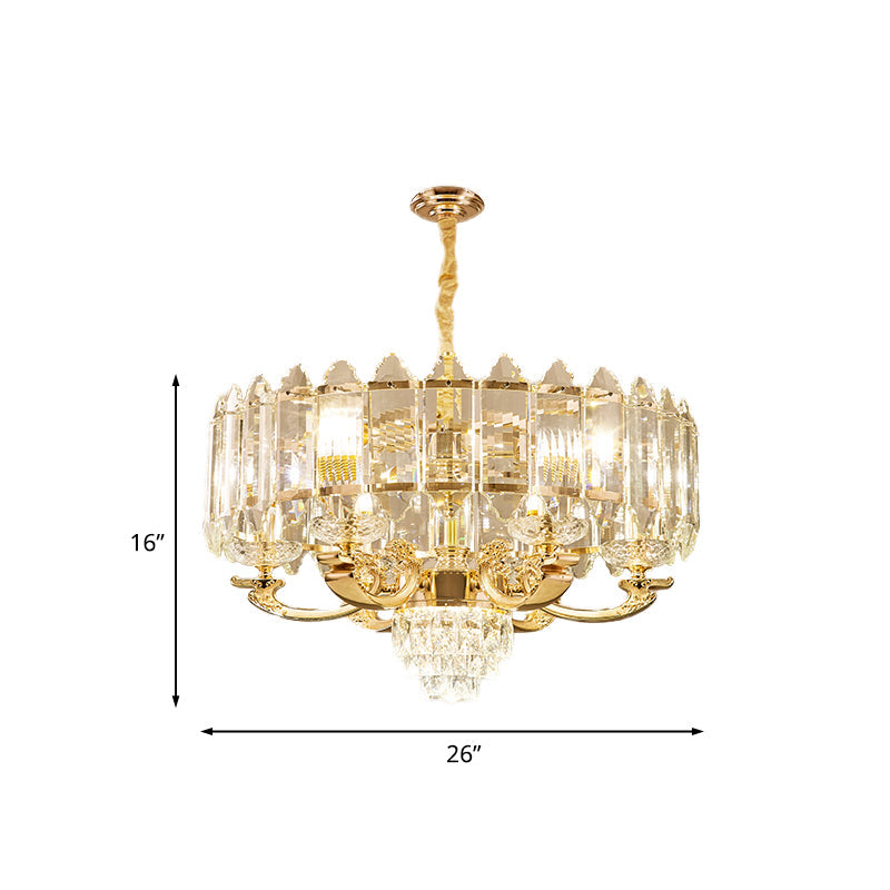 10 Lights Crystal Pendant Light Fixture Modernism Gold Drum Chandelier - Rebooters