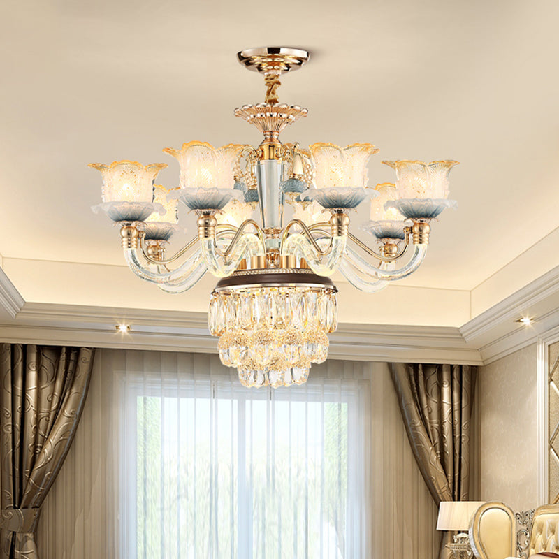Flower Crystal Hanging Ceiling Light Traditional 8-Bulb Chandelier Lamp in Gold - Rebooters