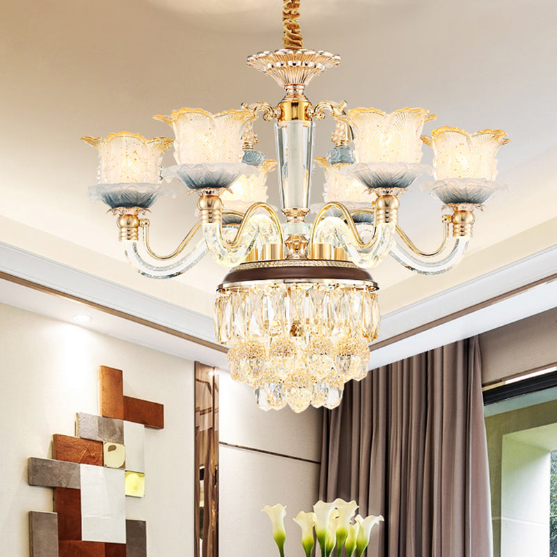 Flower Crystal Hanging Ceiling Light Traditional 8-Bulb Chandelier Lamp in Gold - Rebooters