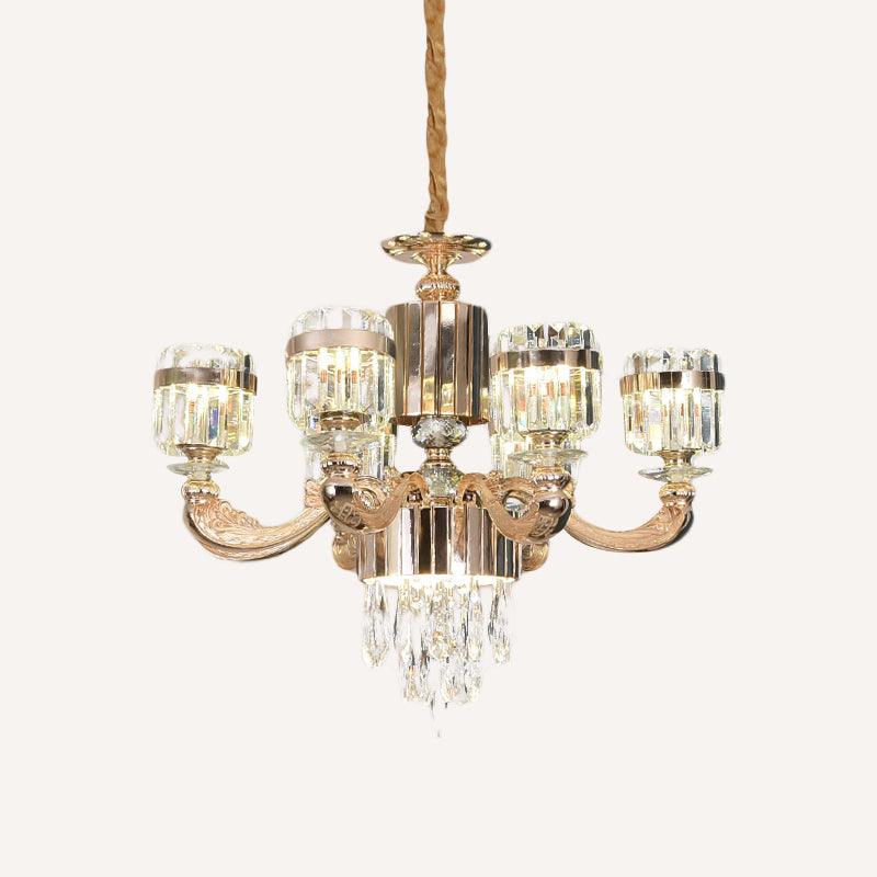 6/8 Lights Cylinder Chandelier Lighting Modern Gold Crystal Ceiling Pendant Lamp - Rebooters