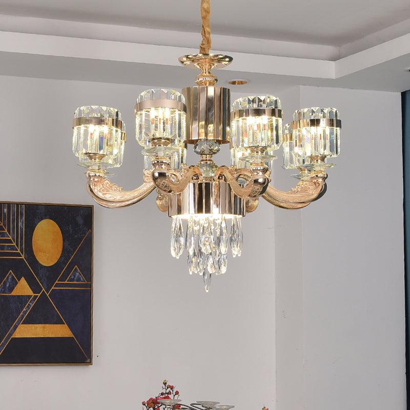 6/8 Lights Cylinder Chandelier Lighting Modern Gold Crystal Ceiling Pendant Lamp - Rebooters