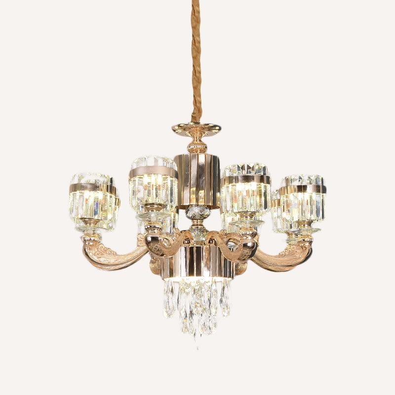 6/8 Lights Cylinder Chandelier Lighting Modern Gold Crystal Ceiling Pendant Lamp - Rebooters