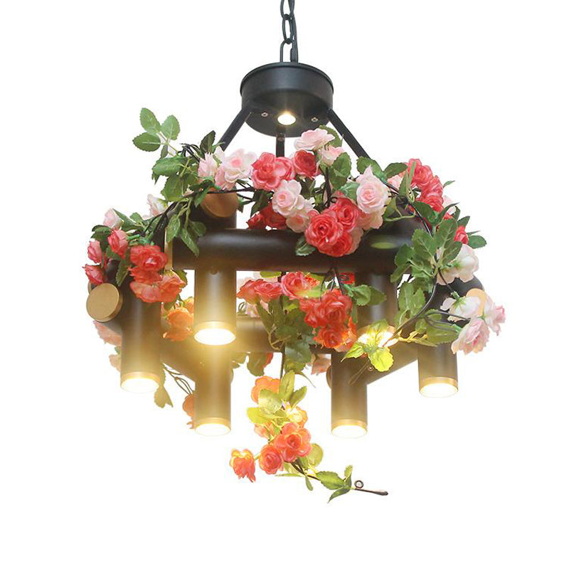 6-Light Chandelier Lamp Vintage Tubular Iron Down Lighting Pendant in Black with Artificial Flower - Rebooters