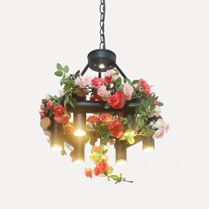 6-Light Chandelier Lamp Vintage Tubular Iron Down Lighting Pendant in Black with Artificial Flower - Rebooters