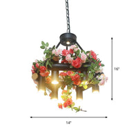 6-Light Chandelier Lamp Vintage Tubular Iron Down Lighting Pendant in Black with Artificial Flower - Rebooters