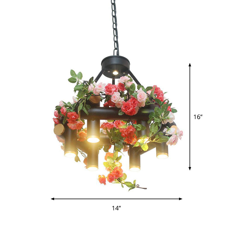 6-Light Chandelier Lamp Vintage Tubular Iron Down Lighting Pendant in Black with Artificial Flower - Rebooters