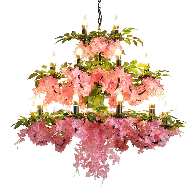 3-Tier Candle Iron Chandelier Light 21 Heads Pink Pendant Lamp - Rebooters