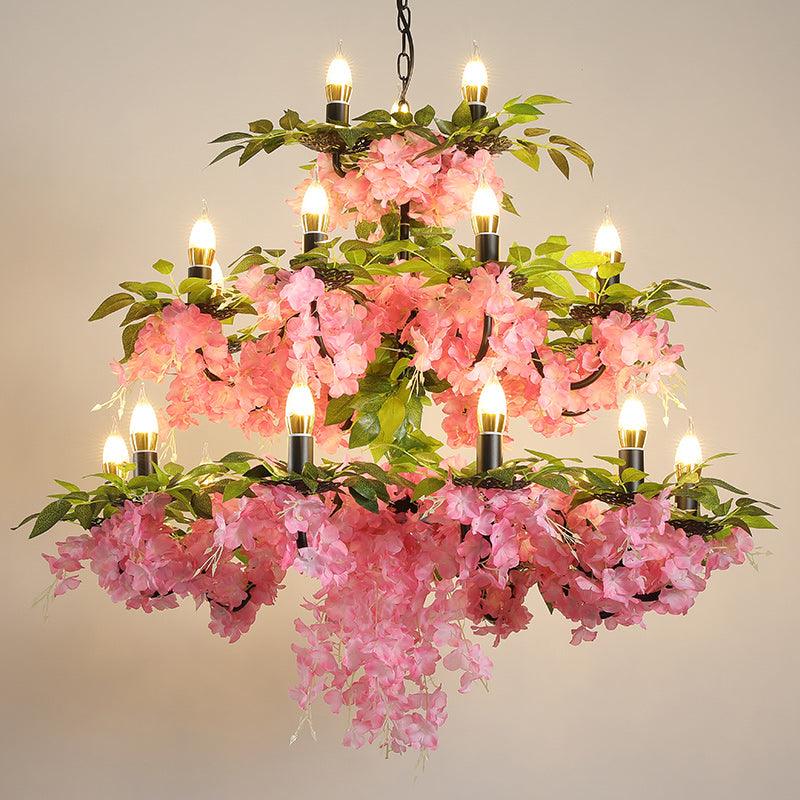 3-Tier Candle Iron Chandelier Light 21 Heads Pink Pendant Lamp - Rebooters