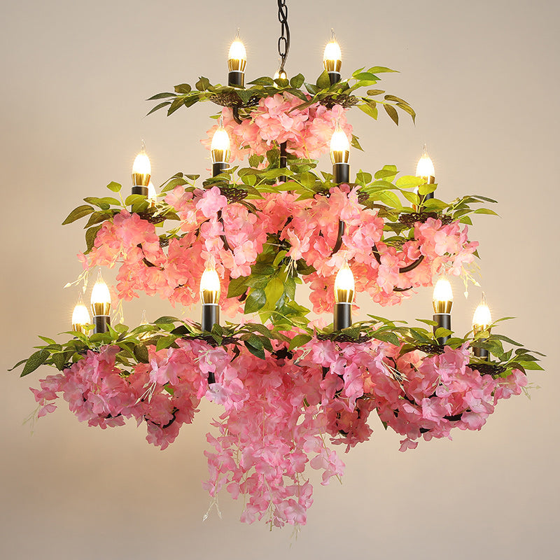 3-Tier Candle Iron Chandelier Light 21 Heads Pink Pendant Lamp - Rebooters