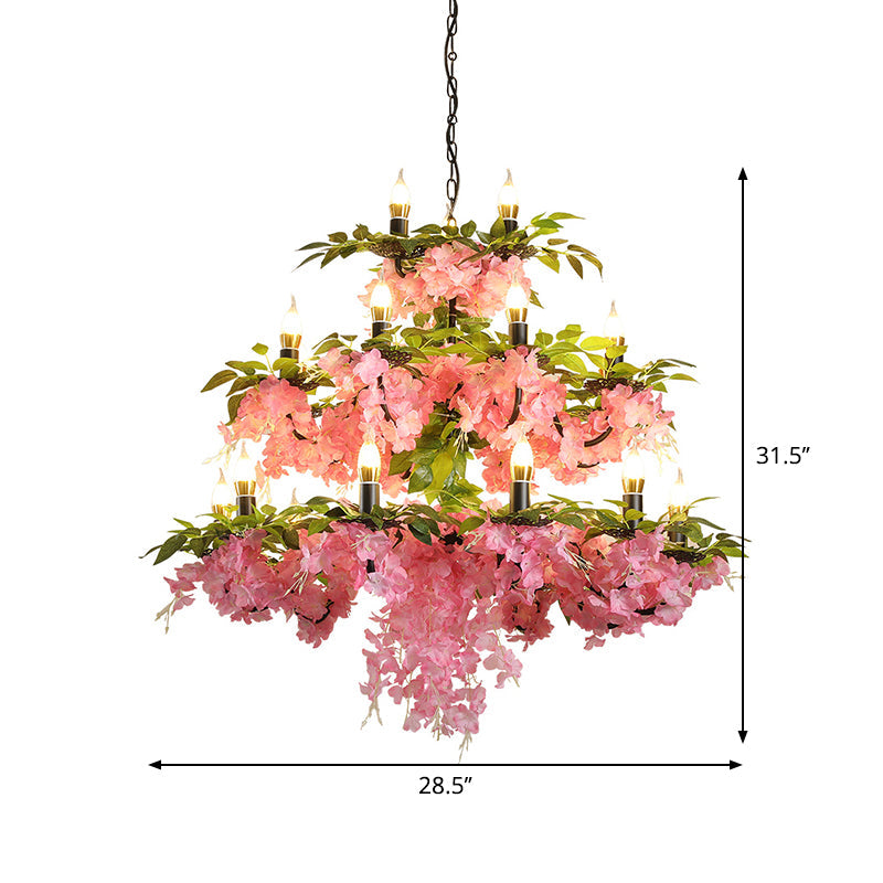 3-Tier Candle Iron Chandelier Light 21 Heads Pink Pendant Lamp - Rebooters