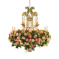 12 Lights Candle Pendant Chandelier Industrial Gold Metal Flower Ceiling Light with Crystal Drop - Rebooters