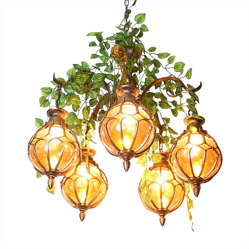 Amber Glass Brass Chandelier Light Ball 5/9 Lights Fixture - Rebooters