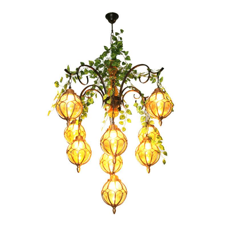 Amber Glass Brass Chandelier Light Ball 5/9 Lights Fixture - Rebooters
