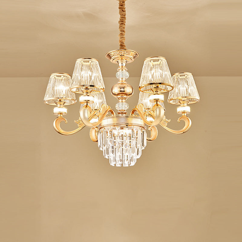 3-Tier Faceted Crystal Chandelier Lighting Modernism 6 Heads Gold Lamp - Rebooters