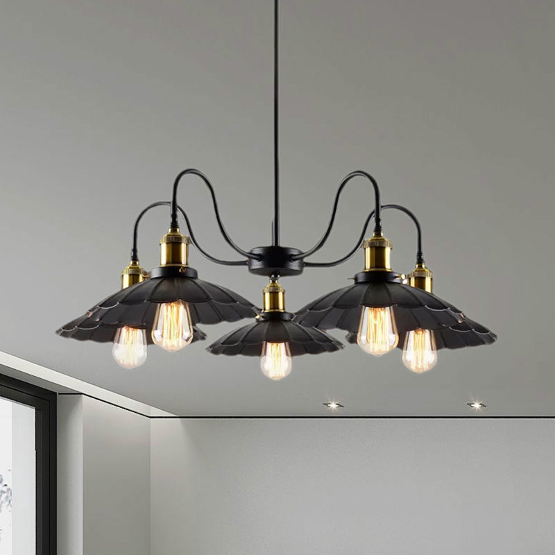 Black Finish Scalloped Chandelier Light Industrial Metal 5 Heads Indoor Pendant - Rebooters