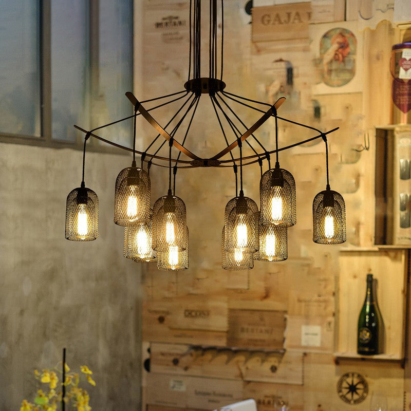 Bell Mesh Restaurant Chandelier Lighting Rustic Iron 6/12 Bulbs Black Hanging Ceiling Lamp - Rebooters