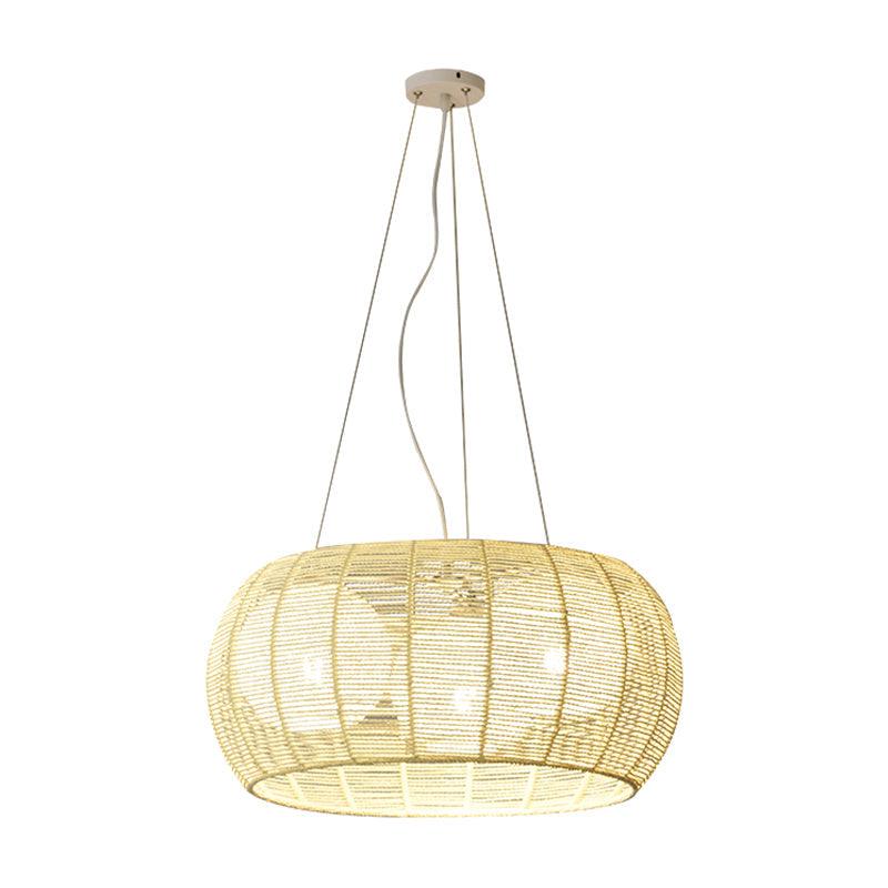 Bamboo Rattan Drum Pendant Chandelier 3 Lights Beige Lamp - Rebooters