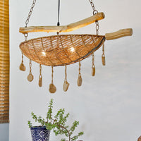 Asian Boat Shape Ceiling Chandelier Bamboo Rattan Lamp - Rebooters