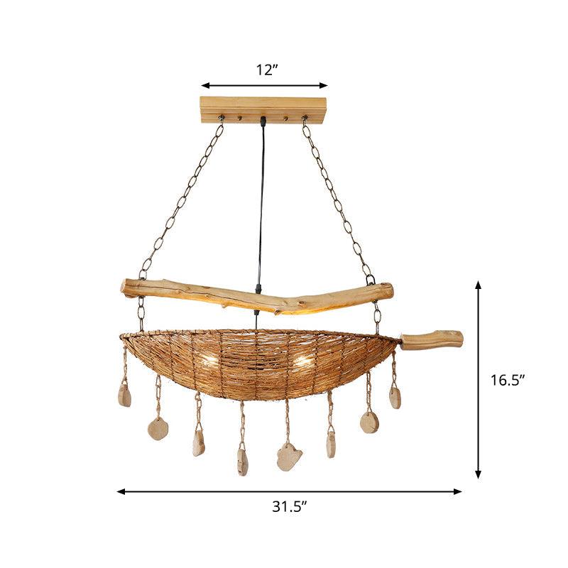 Asian Boat Shape Ceiling Chandelier Bamboo Rattan Lamp - Rebooters