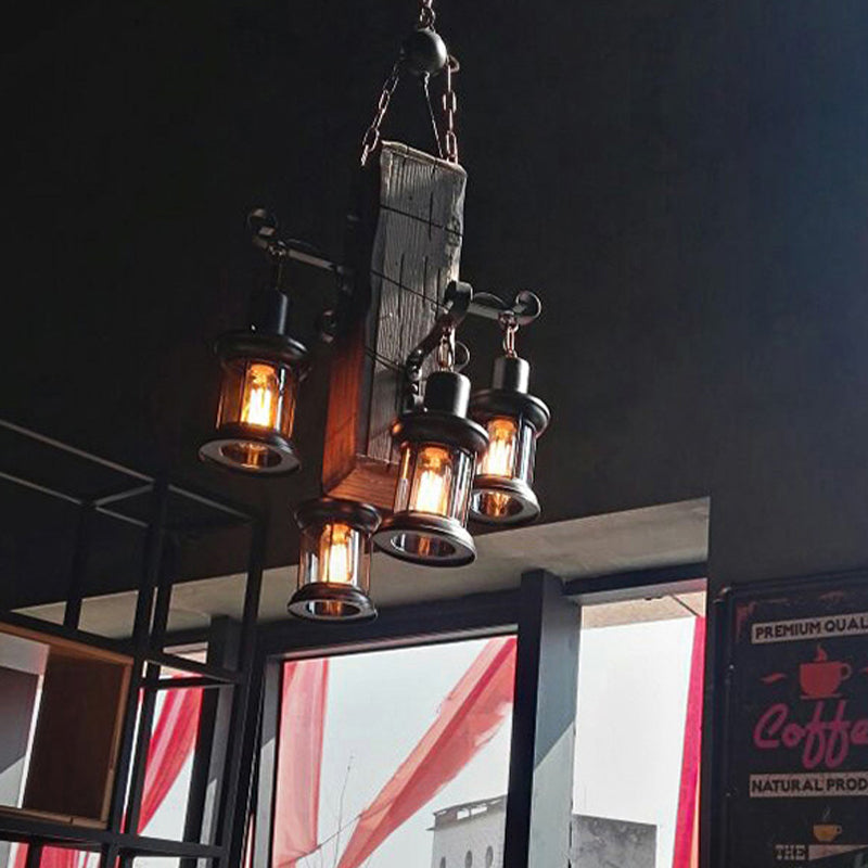 Black 4 Lights Chandelier Light Fixture Industrial Clear Glass Lantern Pendant Lamp with Wooden Beam - Rebooters