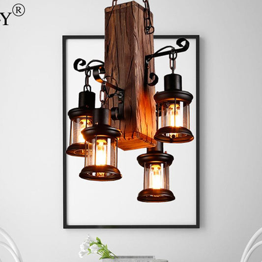 Black 4 Lights Chandelier Light Fixture Industrial Clear Glass Lantern Pendant Lamp with Wooden Beam - Rebooters