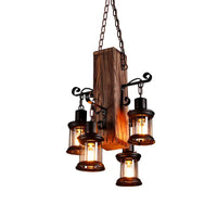 Black 4 Lights Chandelier Light Fixture Industrial Clear Glass Lantern Pendant Lamp with Wooden Beam - Rebooters