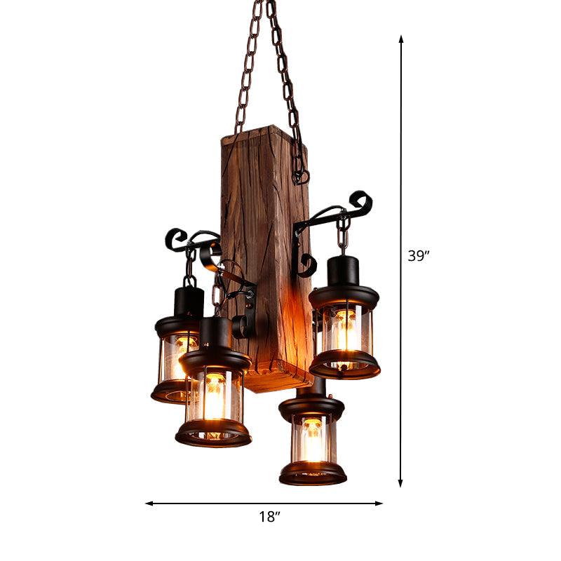Black 4 Lights Chandelier Light Fixture Industrial Clear Glass Lantern Pendant Lamp with Wooden Beam - Rebooters