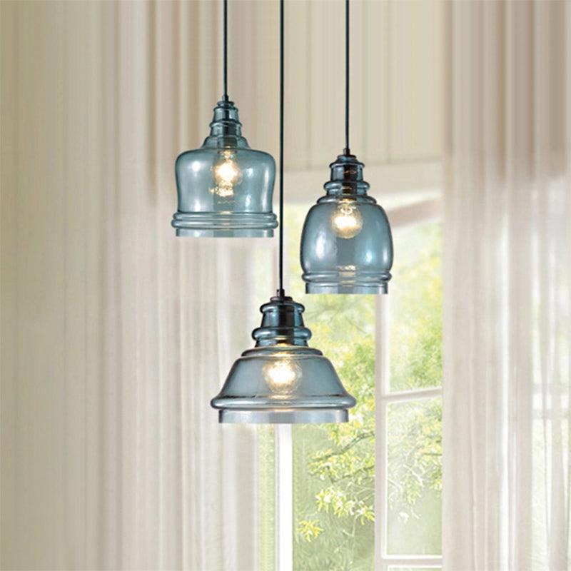 3 Lights Multi Pendant with Different Shade Blue Glass Modern Dining Room Fixture - Rebooters