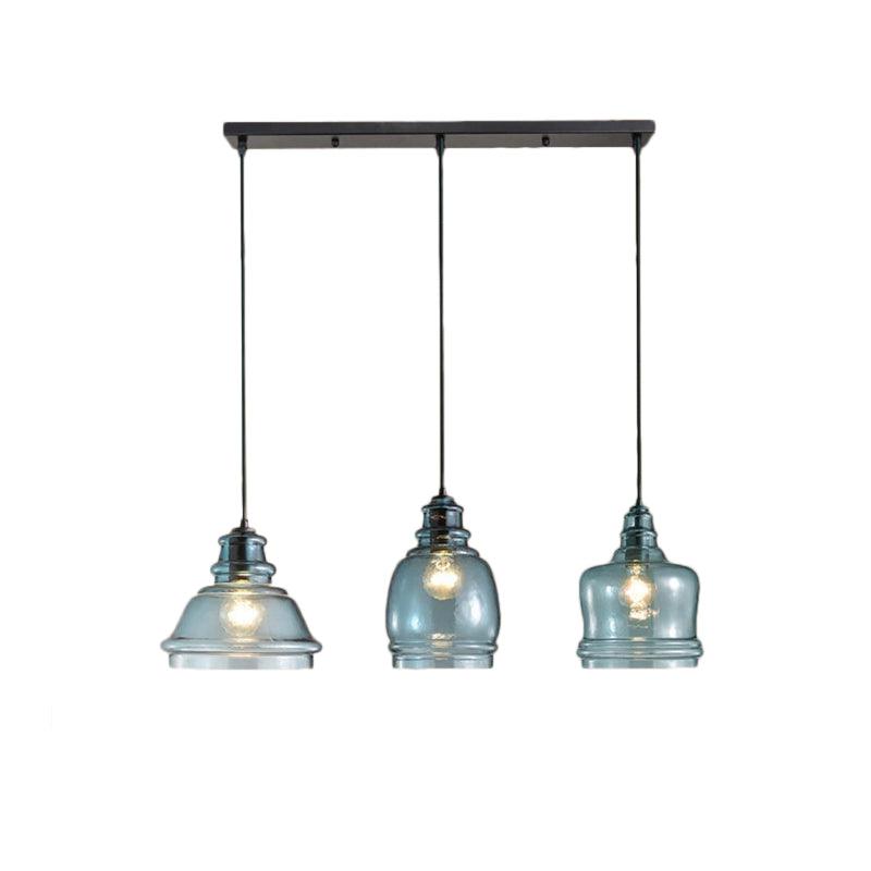 3 Lights Multi Pendant with Different Shade Blue Glass Modern Dining Room Fixture - Rebooters