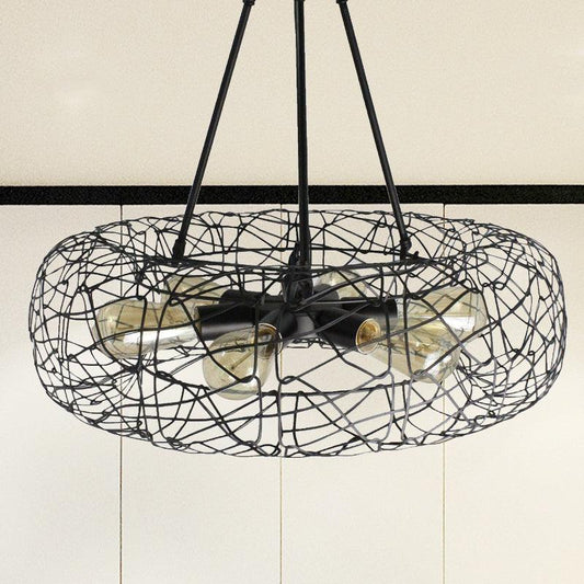 6 Lights Drum Ceiling Light Fixture with Mesh Screen Industrial Black Metal Chandelier - Rebooters