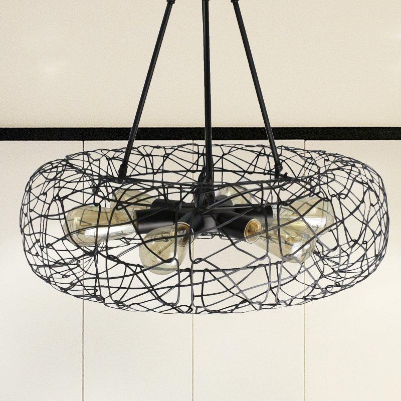 6 Lights Drum Ceiling Light Fixture with Mesh Screen Industrial Black Metal Chandelier - Rebooters