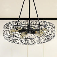 6 Lights Drum Ceiling Light Fixture with Mesh Screen Industrial Black Metal Chandelier - Rebooters