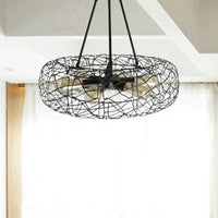 6 Lights Drum Ceiling Light Fixture with Mesh Screen Industrial Black Metal Chandelier - Rebooters