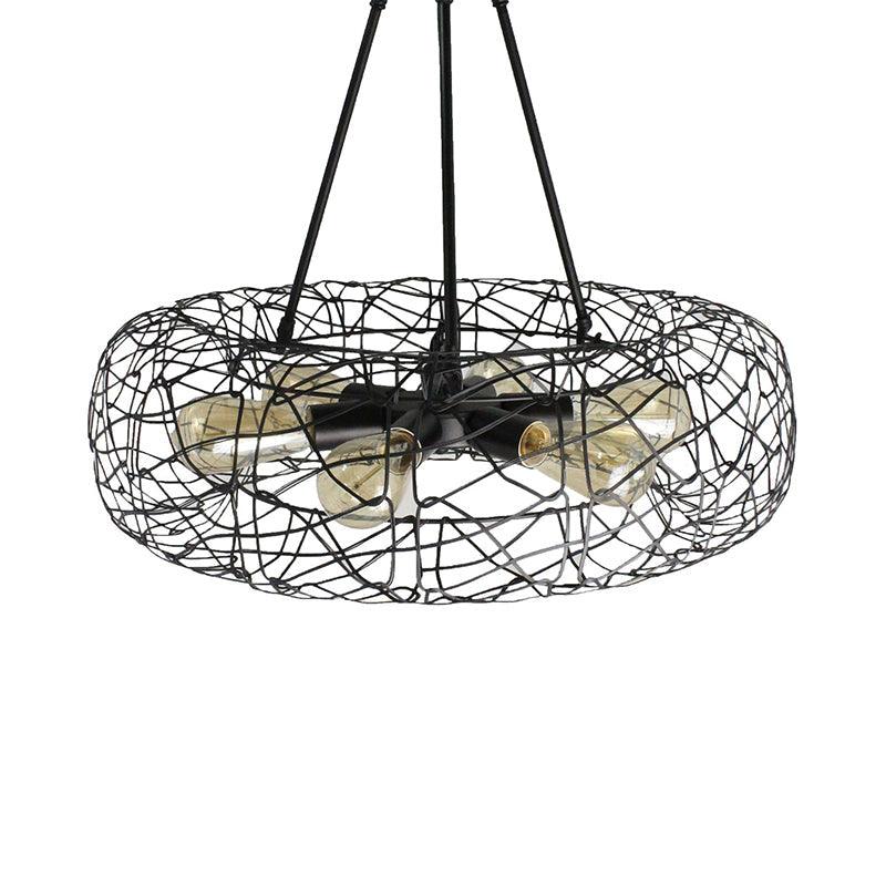 6 Lights Drum Ceiling Light Fixture with Mesh Screen Industrial Black Metal Chandelier - Rebooters