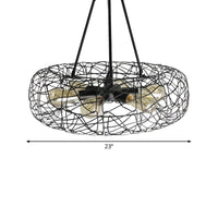 6 Lights Drum Ceiling Light Fixture with Mesh Screen Industrial Black Metal Chandelier - Rebooters