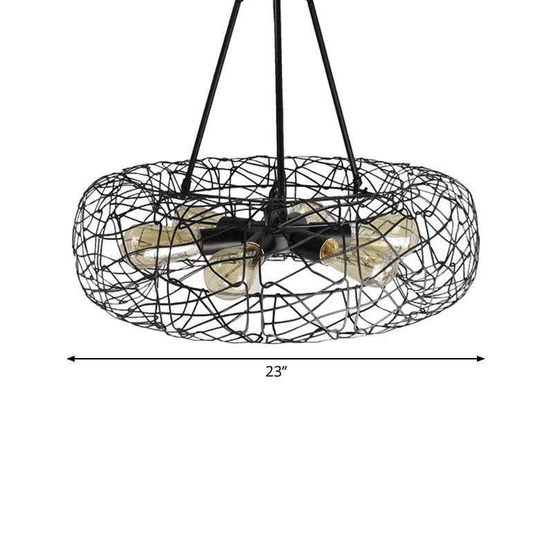 6 Lights Drum Ceiling Light Fixture with Mesh Screen Industrial Black Metal Chandelier - Rebooters