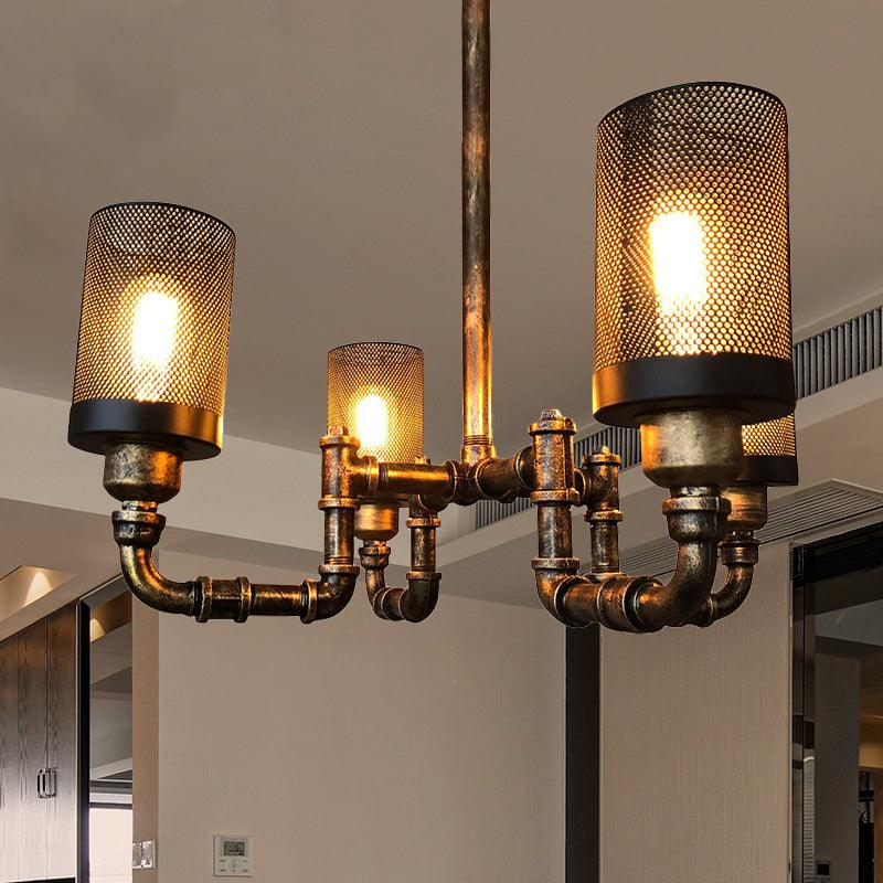 4 Bulbs Cylinder Chandelier Lamp with Mesh Screen Vintage Bronze - Rebooters