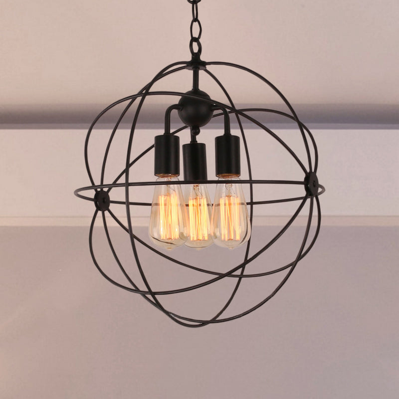 Wire Globe Metal Shade Pendant Light Black 3 Bulbs Lamp - Rebooters