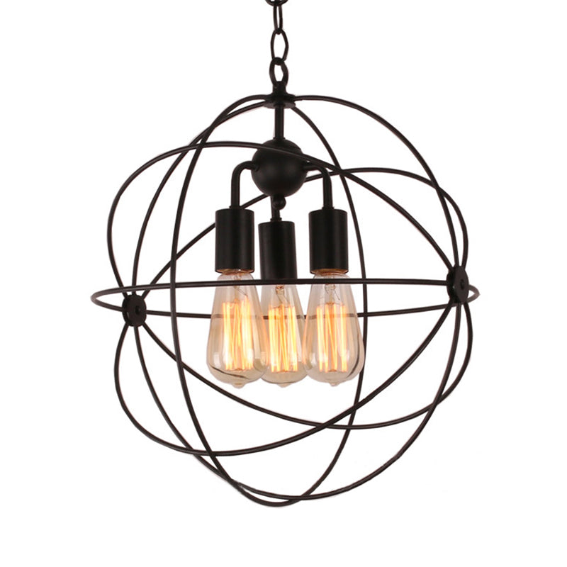 Wire Globe Metal Shade Pendant Light Black 3 Bulbs Lamp - Rebooters