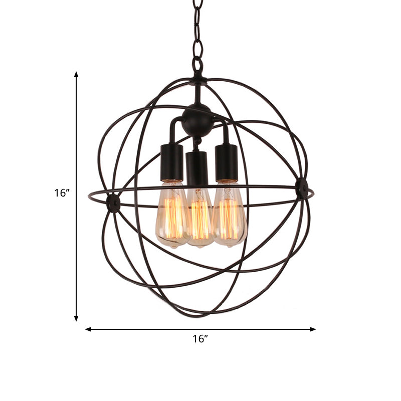 Wire Globe Metal Shade Pendant Light Black 3 Bulbs Lamp - Rebooters