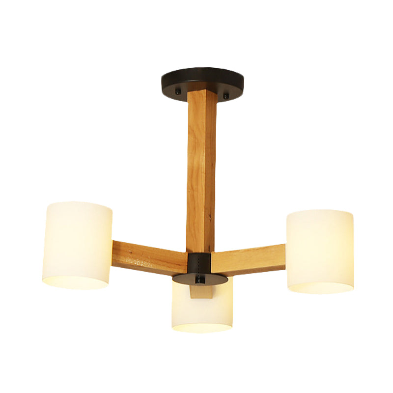 White Cylindrical Shade Pendant Lighting Japanese Stylish Glass & Wood Chandelier - Rebooters