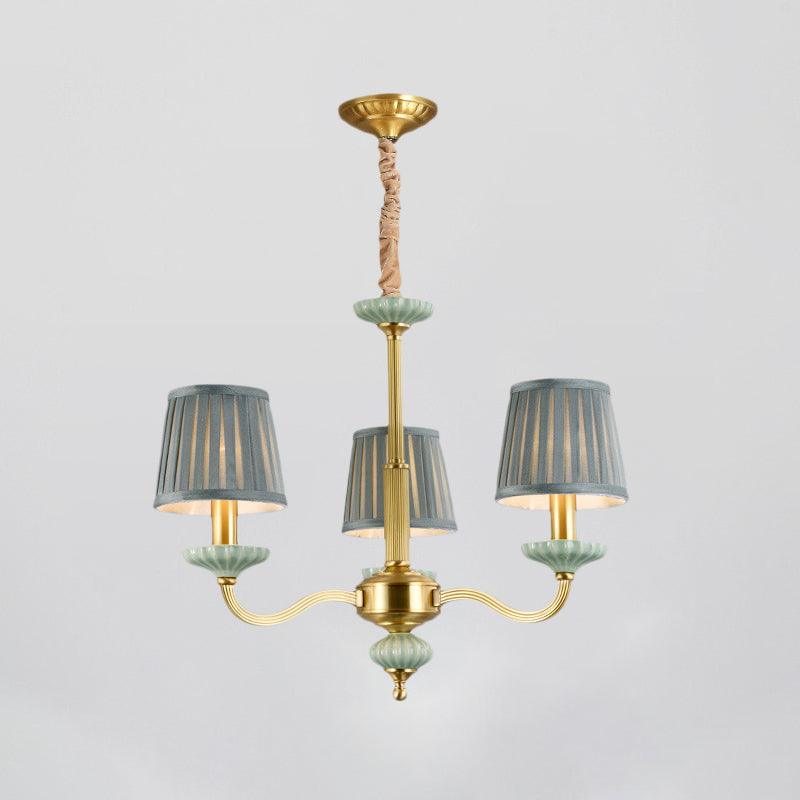 3/6-Head Fabric Chandelier Lighting Traditional Brass Pleated Shade Bedroom Drop Pendant - Rebooters