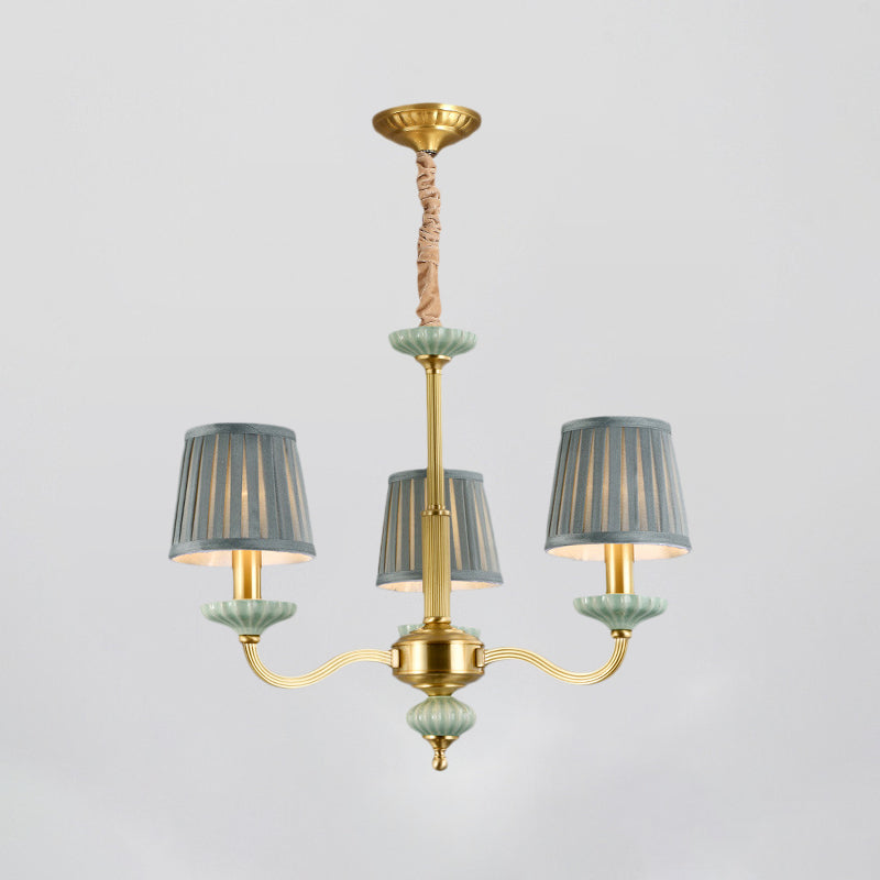3/6-Head Fabric Chandelier Lighting Traditional Brass Pleated Shade Bedroom Drop Pendant - Rebooters