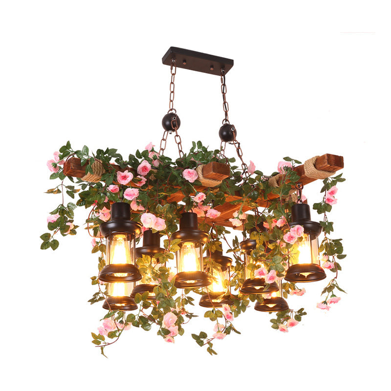 Clear Glass Wood Chandelier Lighting Lantern 8 Heads Farmhouse Ceiling Pendant - Rebooters