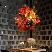 4 Heads Hanging Chandelier Vintage Globe Cage Pendant Light Kit with Red Maple Leaf Deco - Rebooters